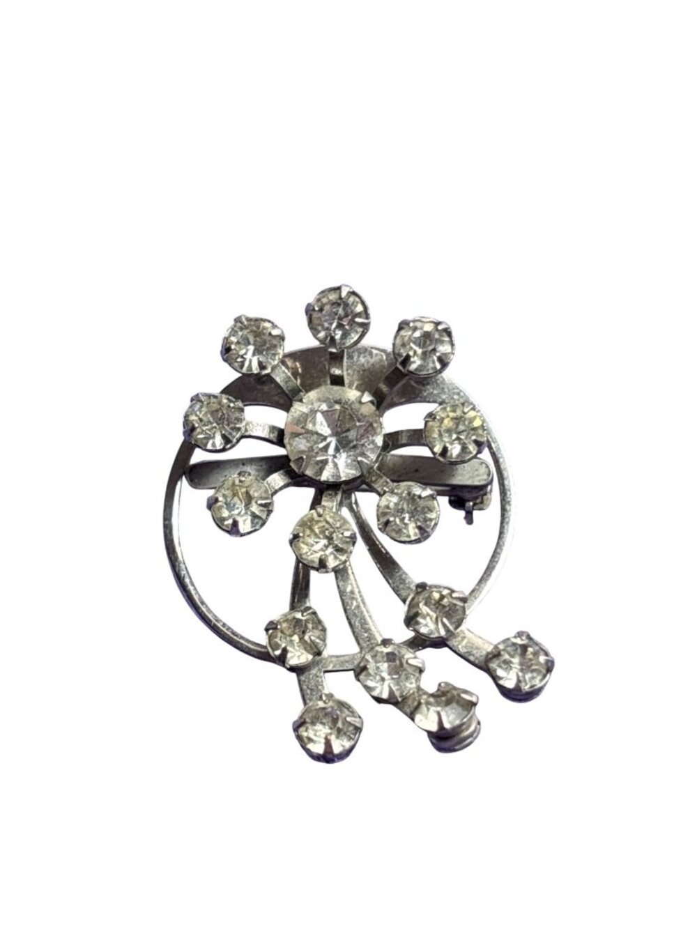 Vintage 60s Flower Starburst Brooch Pendant Silvertone Clear Rhinestones 1.5 inc